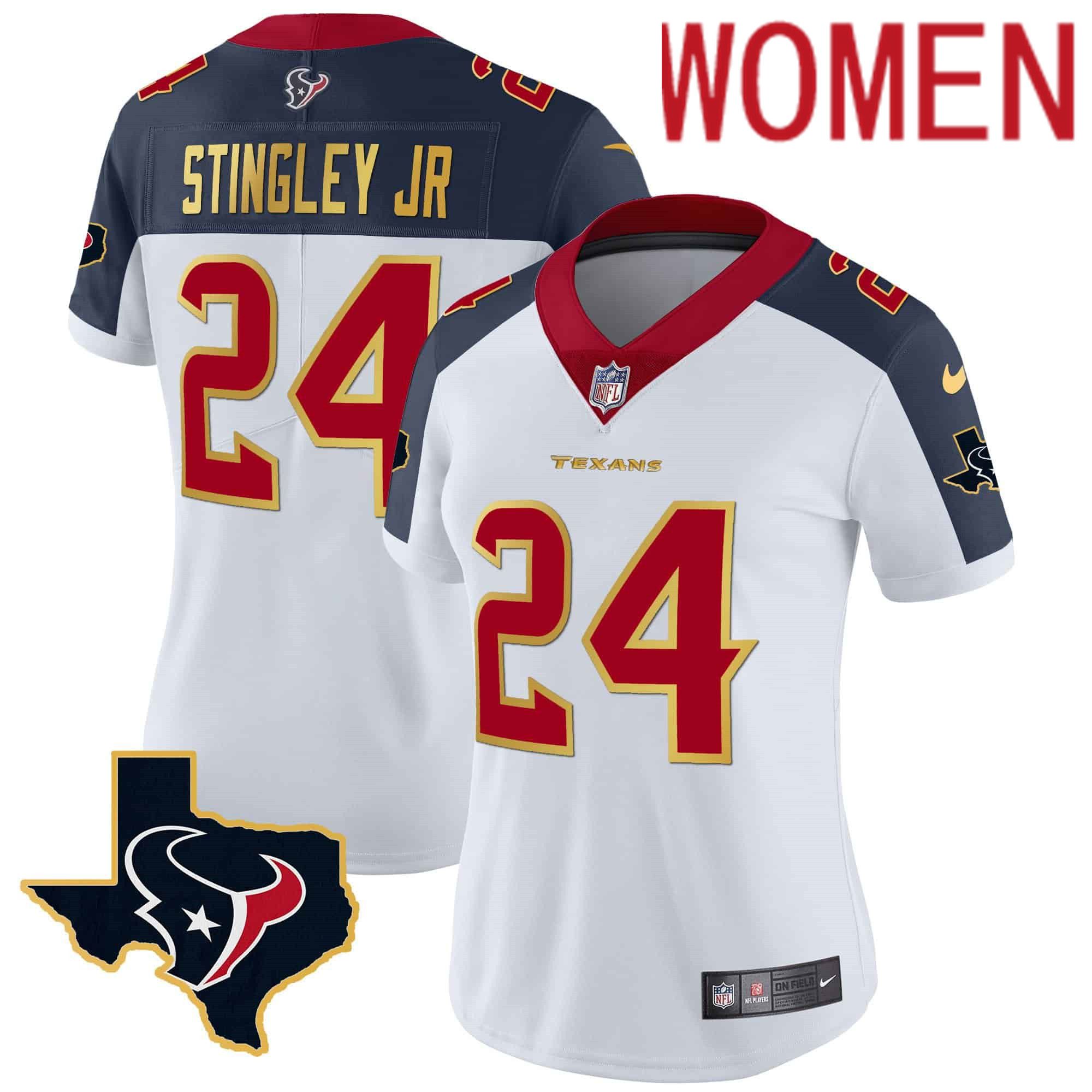 Women Houston Texans #24 Stingley jr White Gold 2024 Nike Trim Vapor NFL Jersey style 2
